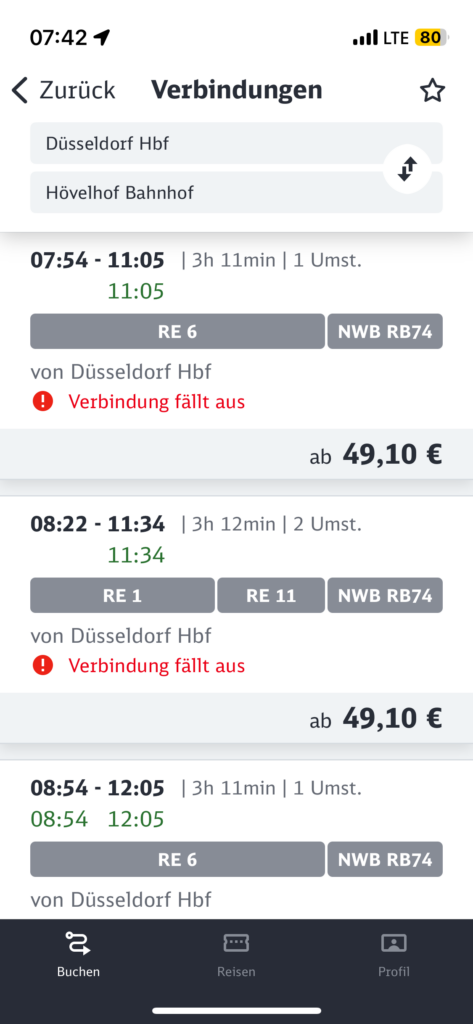 Die Bahn-App zeigt mehrere Zugausfälle